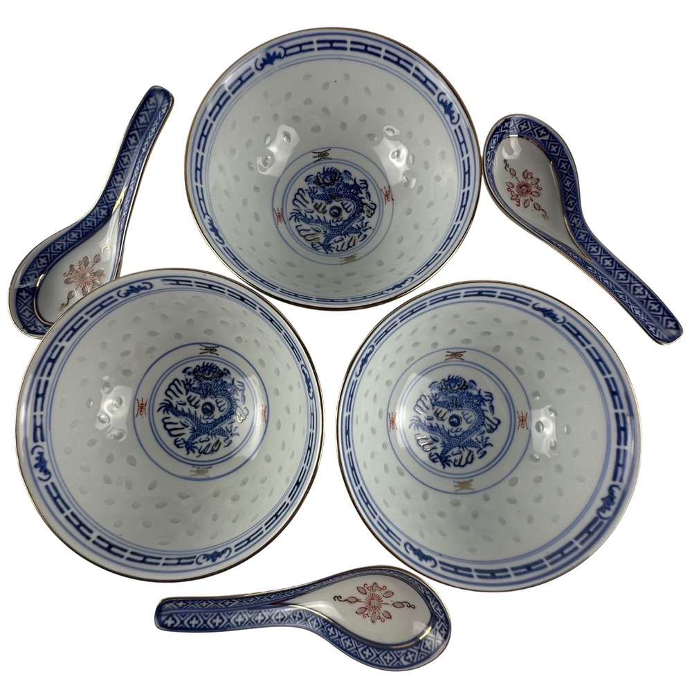 Vintage Jingdezhen Rice Grain Dragon Porcelain Bowls & Spoons‎ set 6 Blue White
